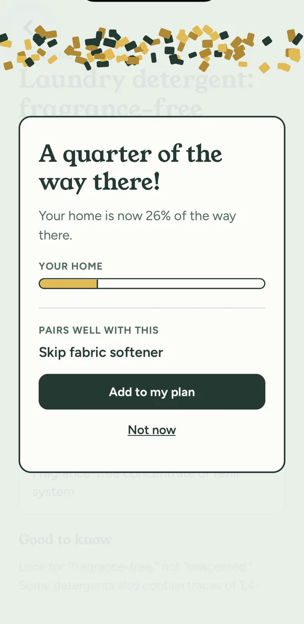 Confetti and a card that says A quarter of the way there, your home is now 26 percent of the way there.