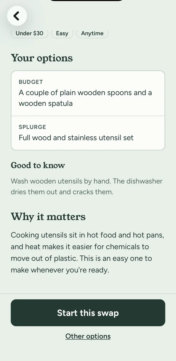 Options for a cooking utensil swap: a budget choice first, then a splurge, plus tips.