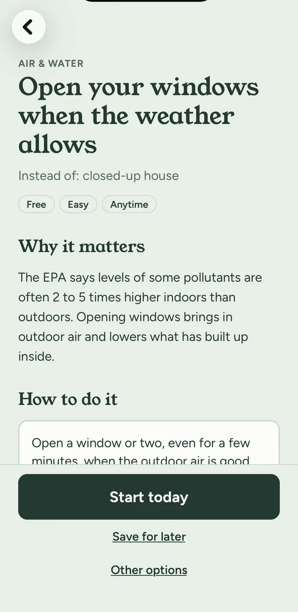 A swap called Open your windows when the weather allows, with a plain-language Why it matters section.